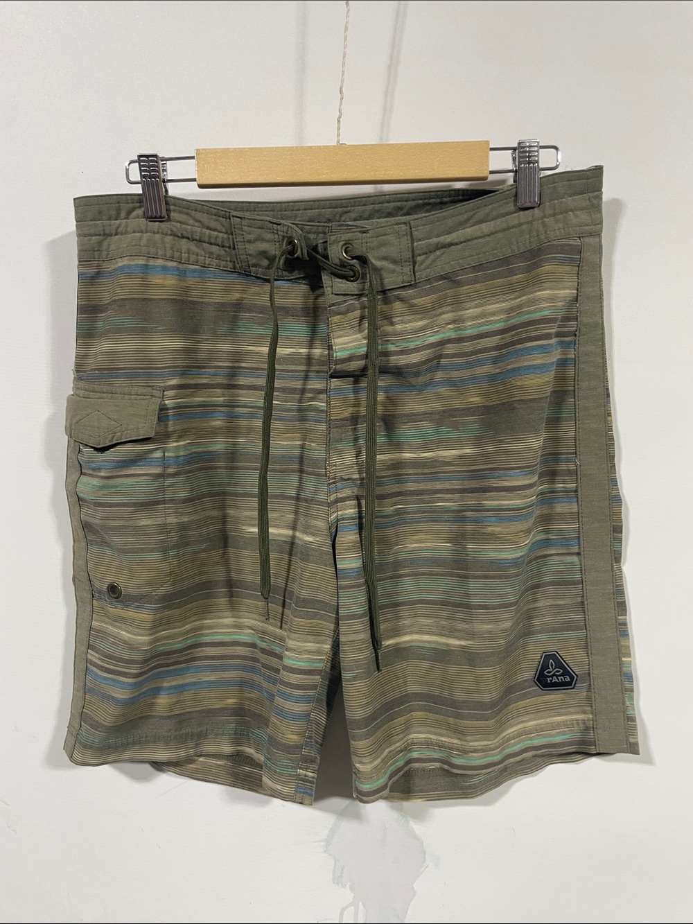 Prana Olive Striped Swim Shorts with Blue Accents